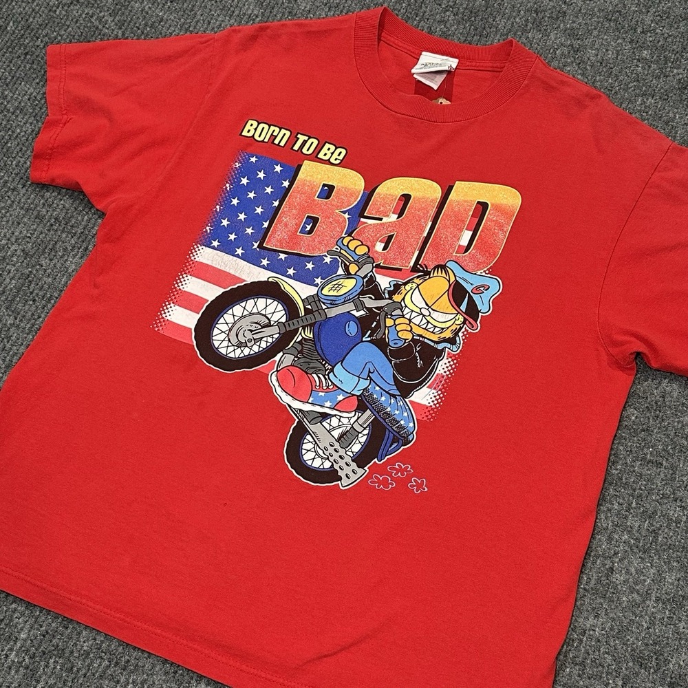 Garfield Vintage 90s‎ Born To Be Bad Motorcycle T-Shirt Size L Licensed Red Tee